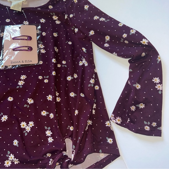 Emma & Elsa Size L 14 Long Sleeve Floral Burgandy Blouse With Hair Clip - Picture 7 of 9